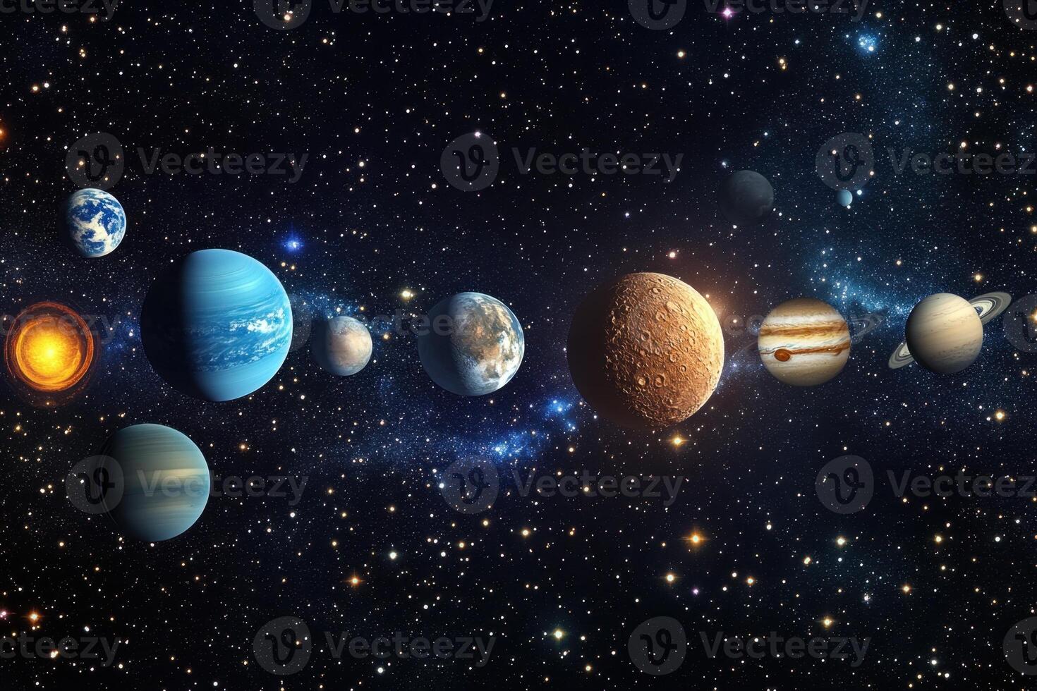 A stunning illustration of the solar system, showcasing the sun and all the planets in their correct order. photo