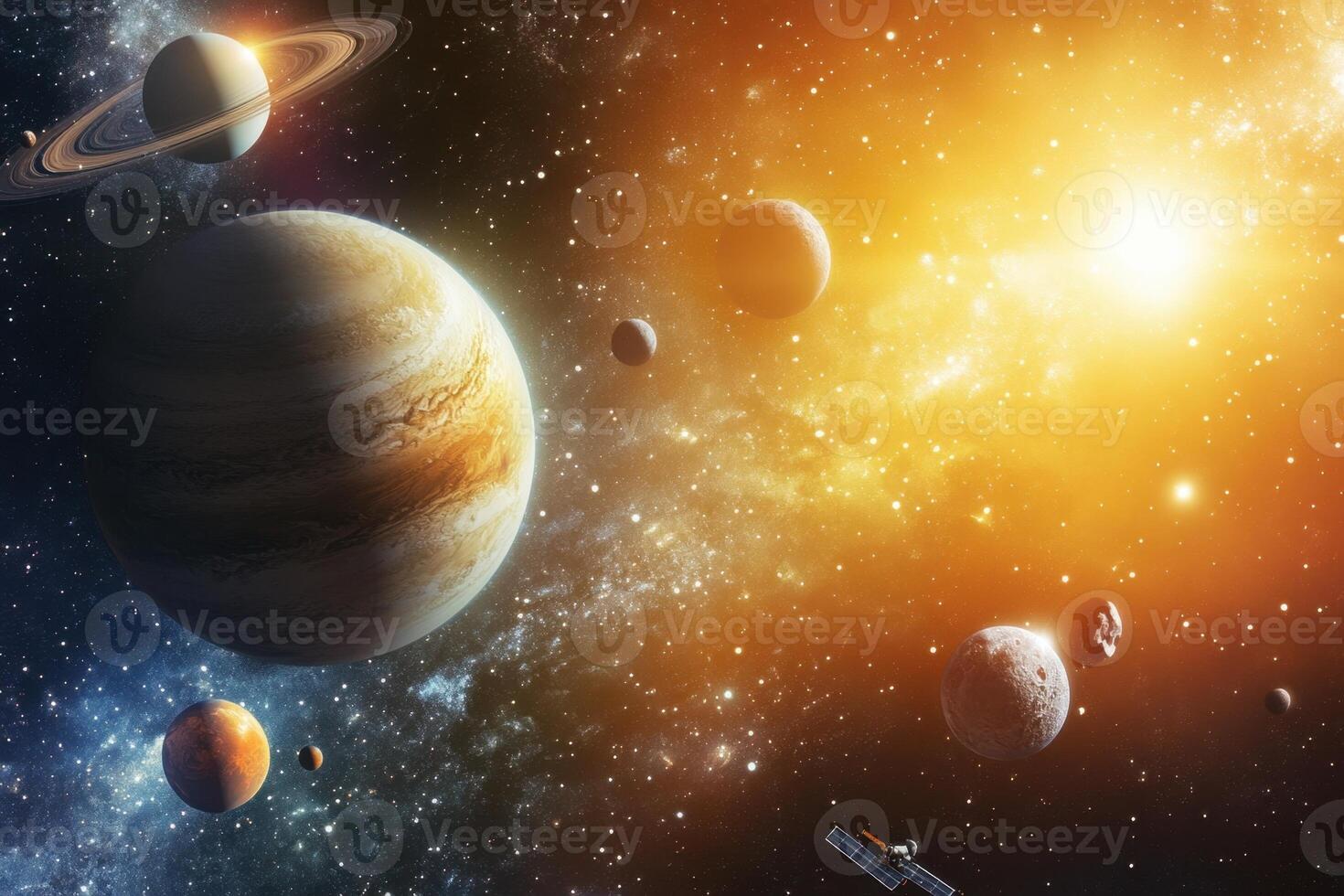 A stunning illustration of the solar system with all the planets and a bright sun in the background. photo