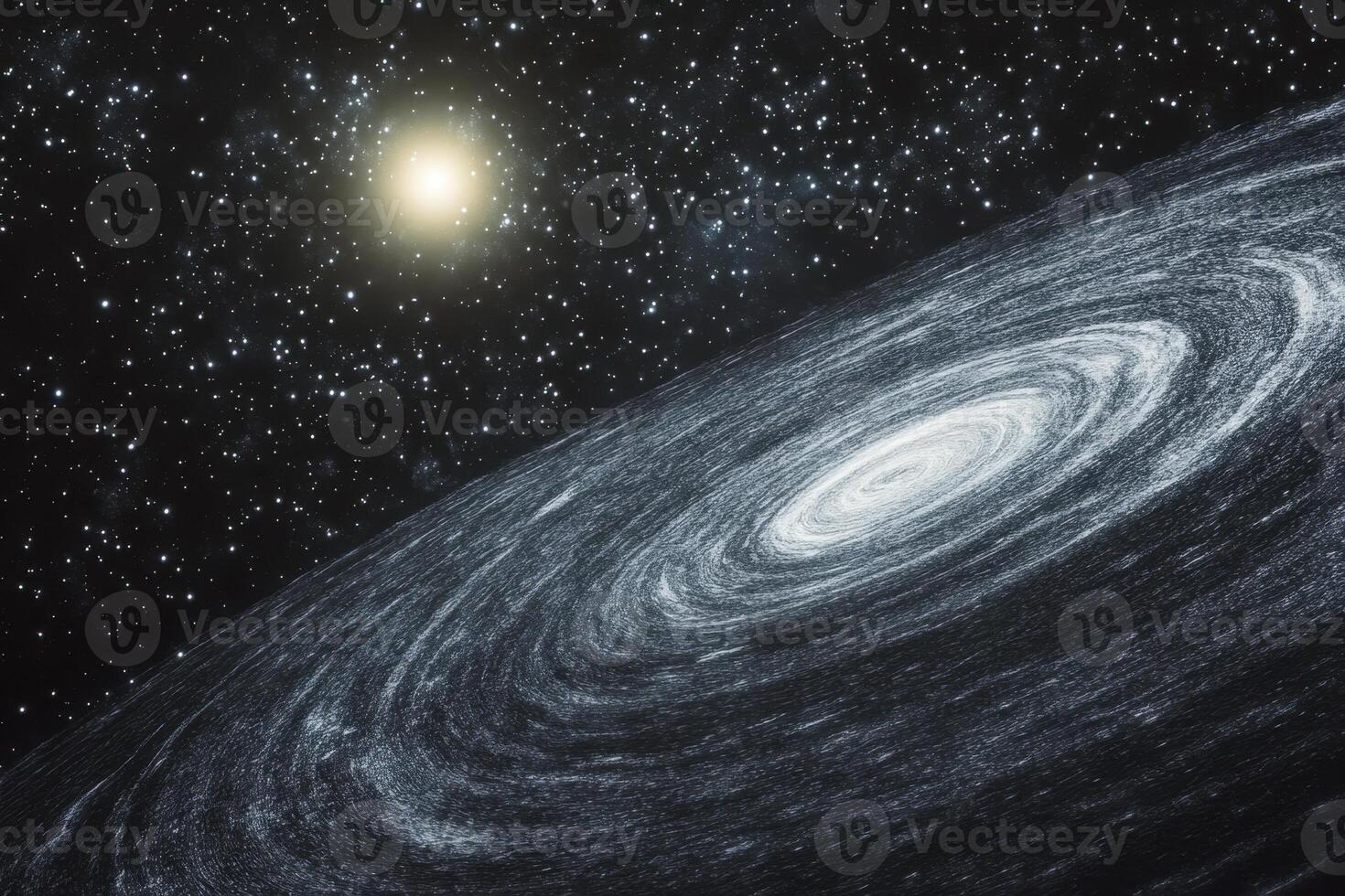 A spiral galaxy with a bright star in the background. photo