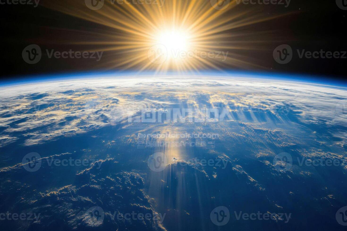 A stunning sunrise from space, showing Earth with a glowing sun and clouds. photo
