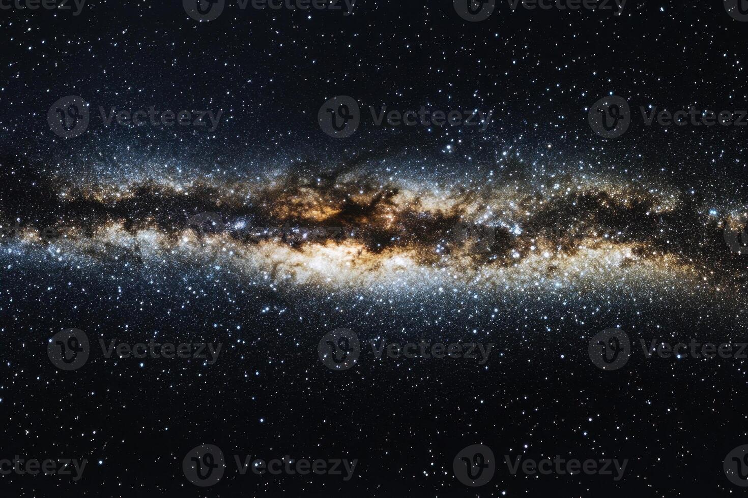 A panoramic view of the Milky Way galaxy, a band of stars and dust that stretches across the night sky. photo