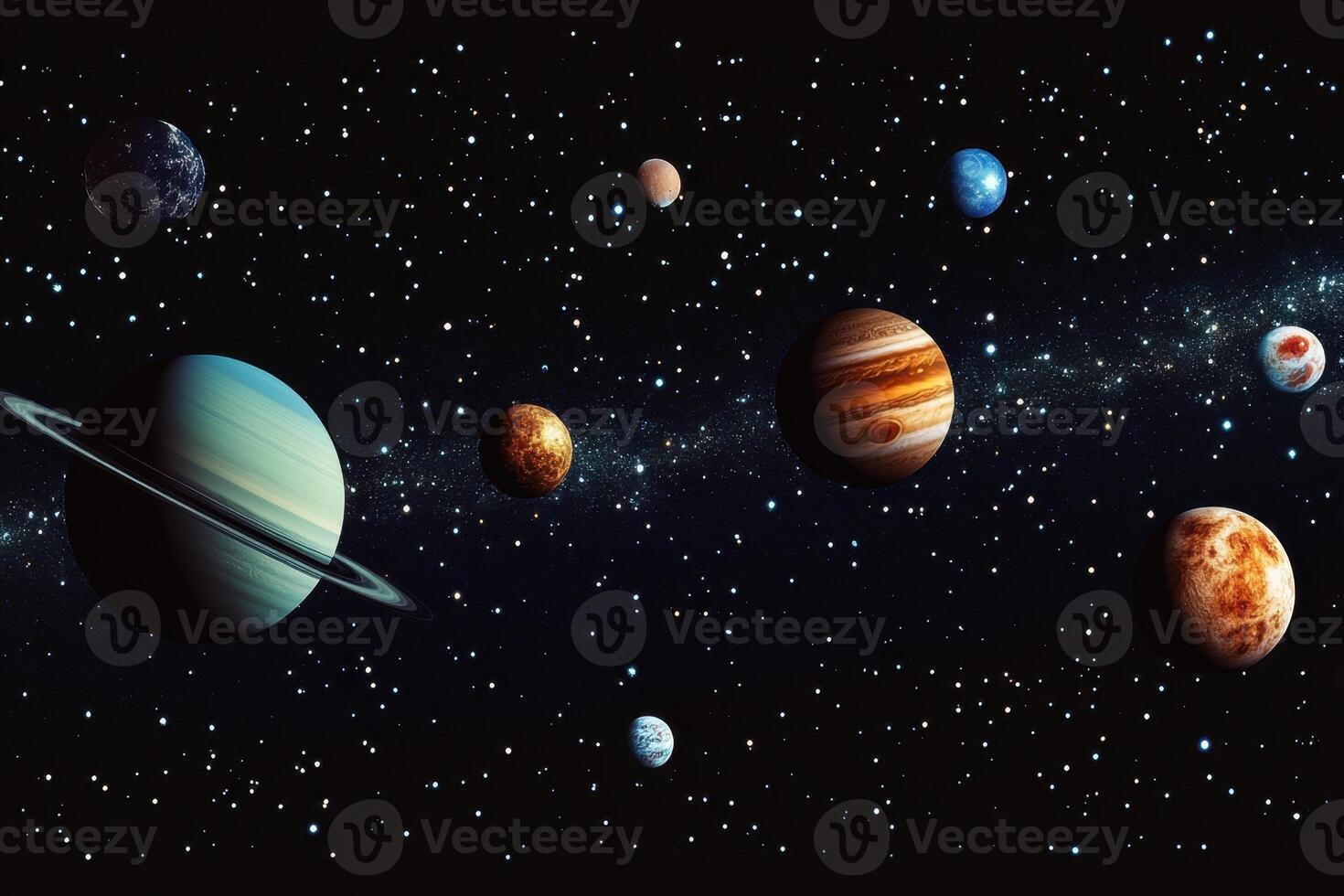 A panoramic view of the solar system with planets and stars. photo