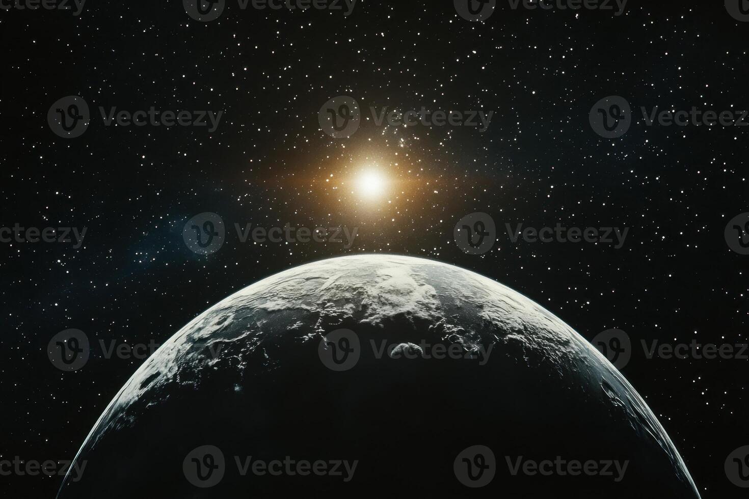A planet with a sun rising over its horizon, seen from space. photo
