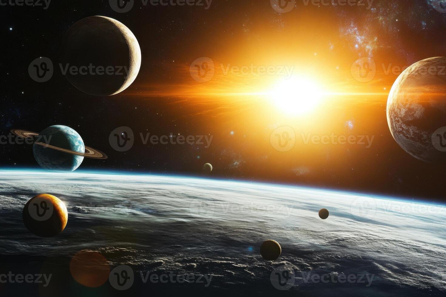 A stunning view of a solar system with a bright sun, multiple planets, and stars in the background. photo