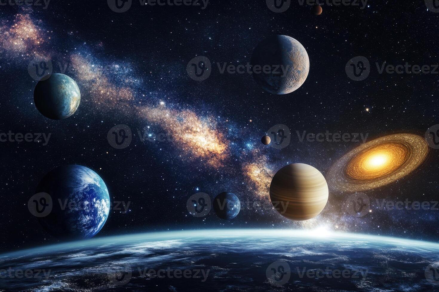 A stunning view of a solar system with multiple planets and a bright galaxy in the background. photo