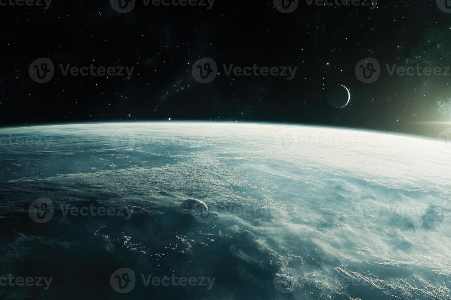 A stunning view of Earth from space with a moon and the sun on the horizon. photo