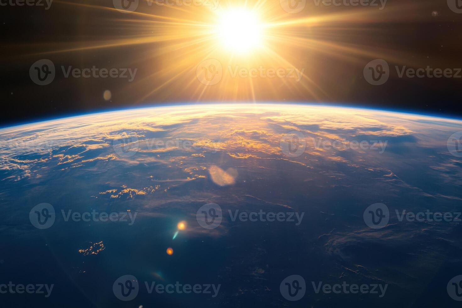 A stunning view of Earth from space with a bright sun shining in the distance. photo