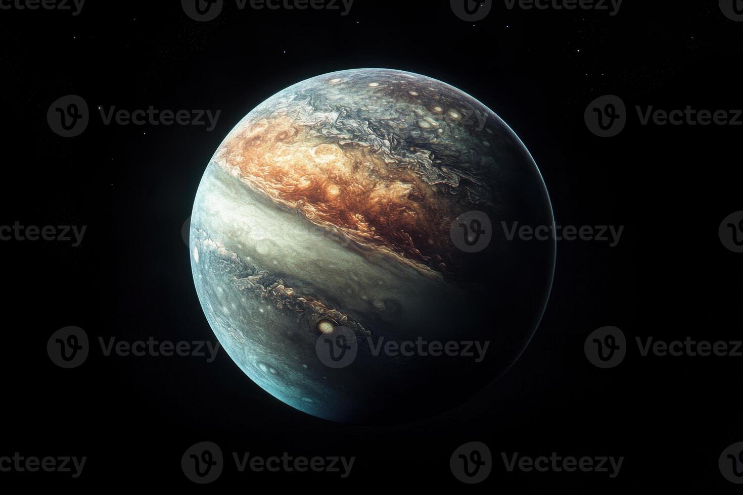 A vibrant, gas giant planet with swirling clouds and a deep blue atmosphere, set against a backdrop of a dark, starry sky. photo