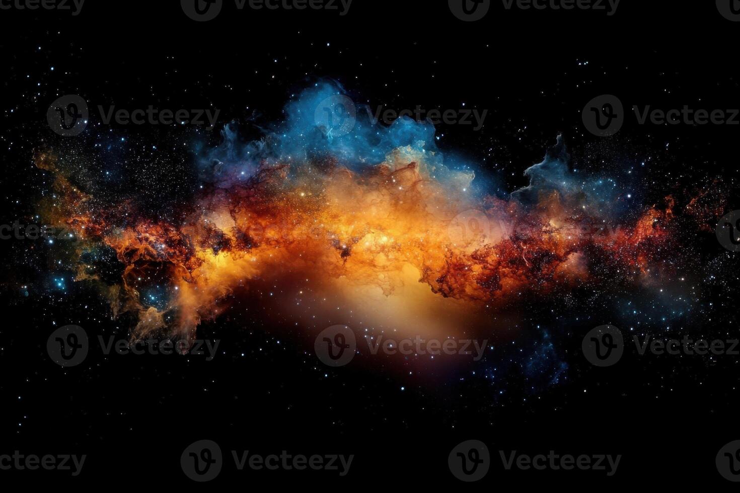 A vibrant nebula with swirling colors against a dark starry sky. photo