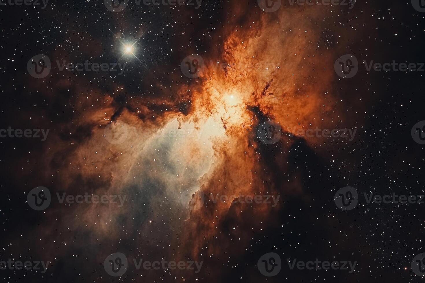 A vibrant nebula in the night sky, glowing with orange and white light, against a backdrop of twinkling stars. photo