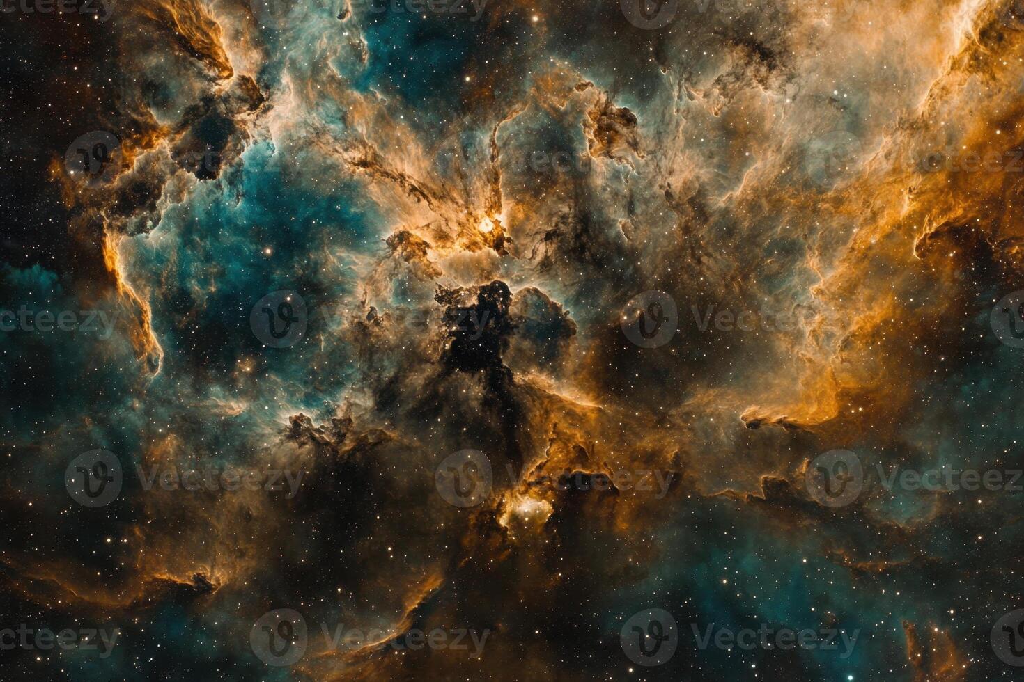 A vibrant nebula with swirling clouds of gas and dust, illuminated by a bright star cluster. photo