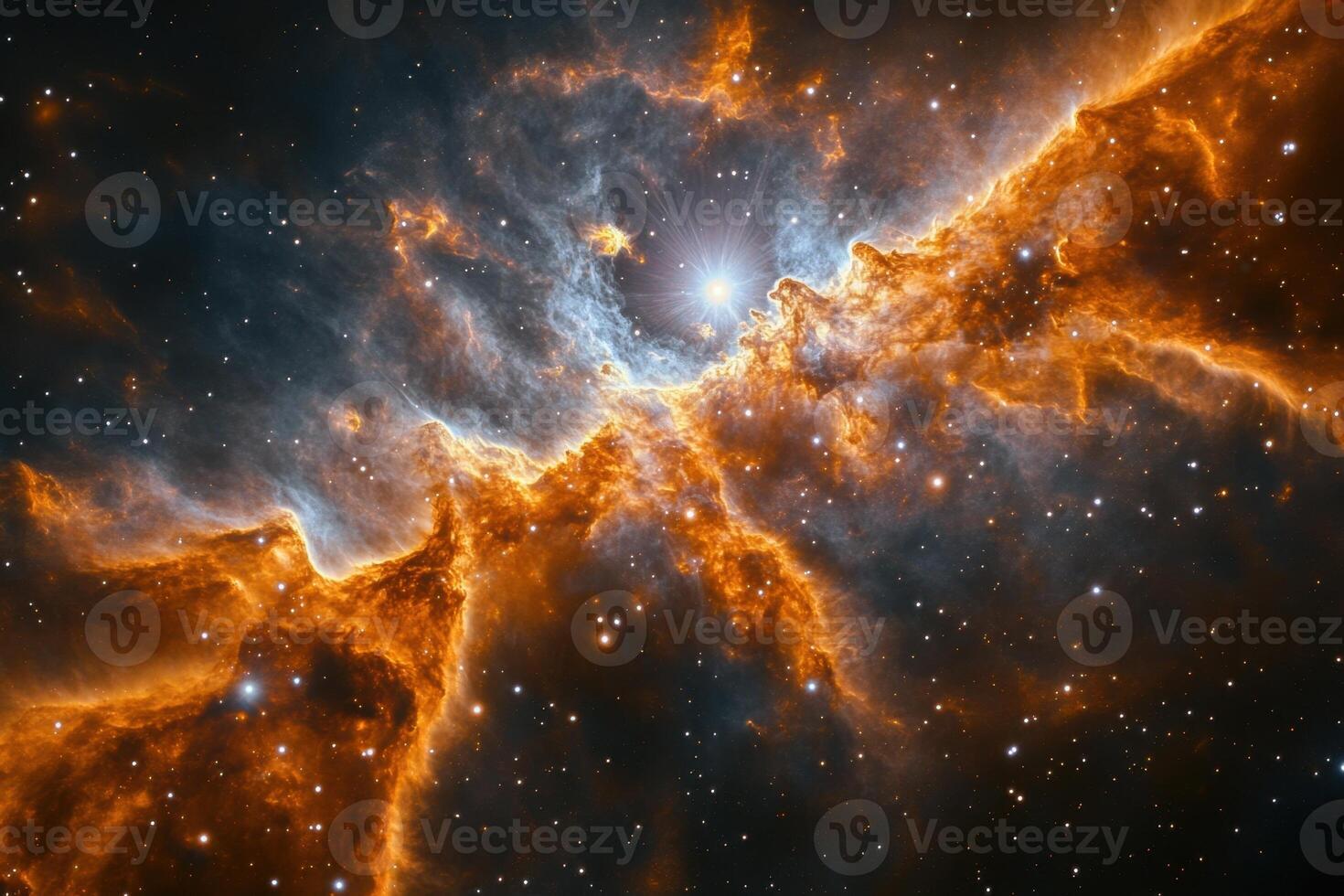 A vibrant nebula with swirling clouds of gas and dust, illuminated by a bright star in the center. photo