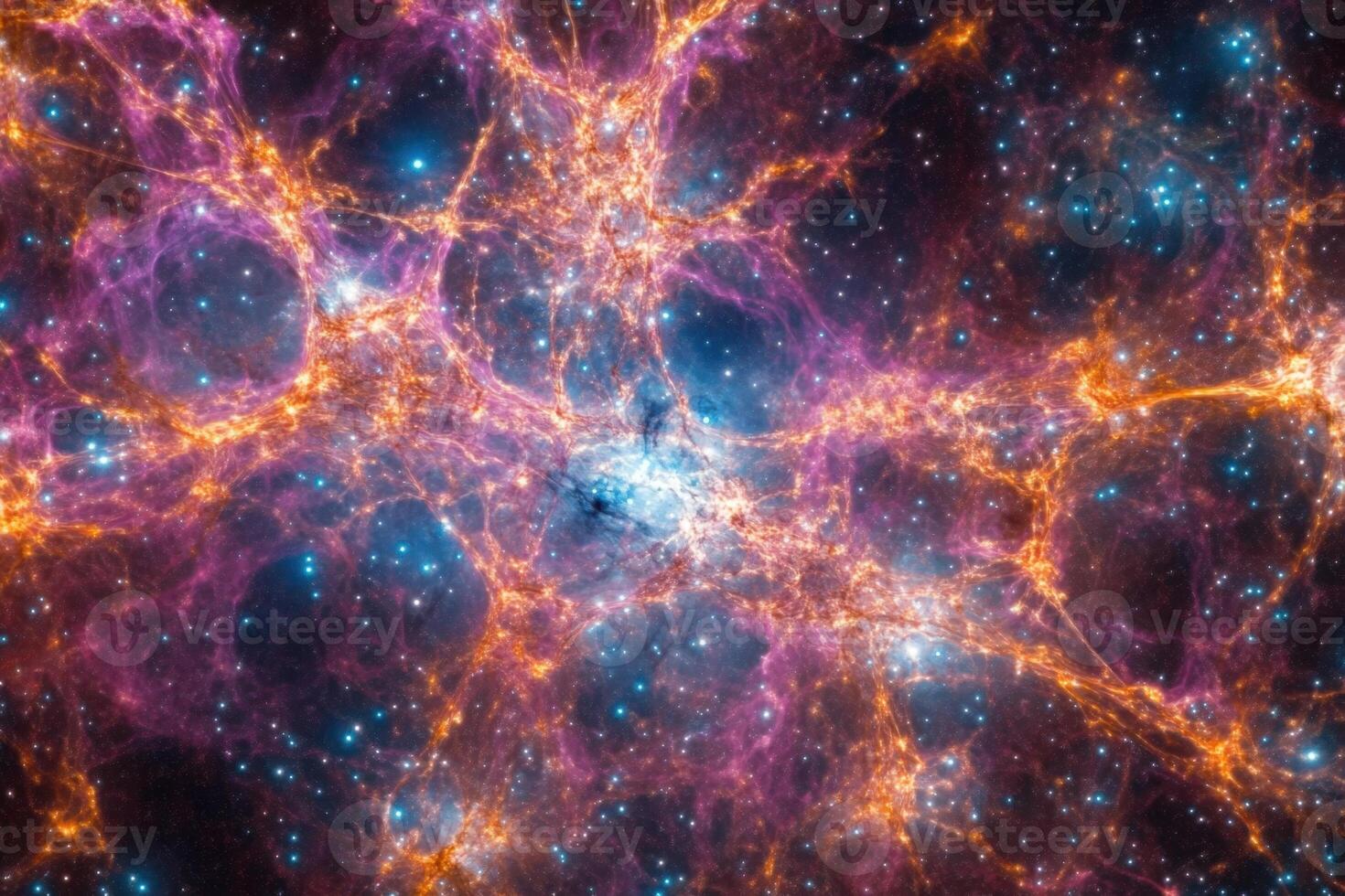 A vibrant nebula with swirling clouds of gas and dust, illuminated by bright stars. photo