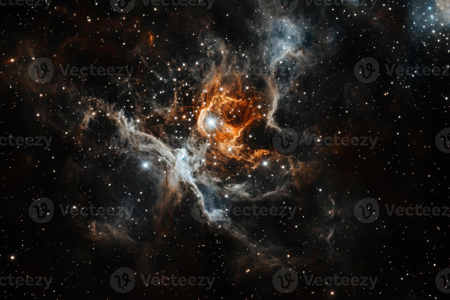 A vibrant nebula with swirling gas and dust clouds. photo