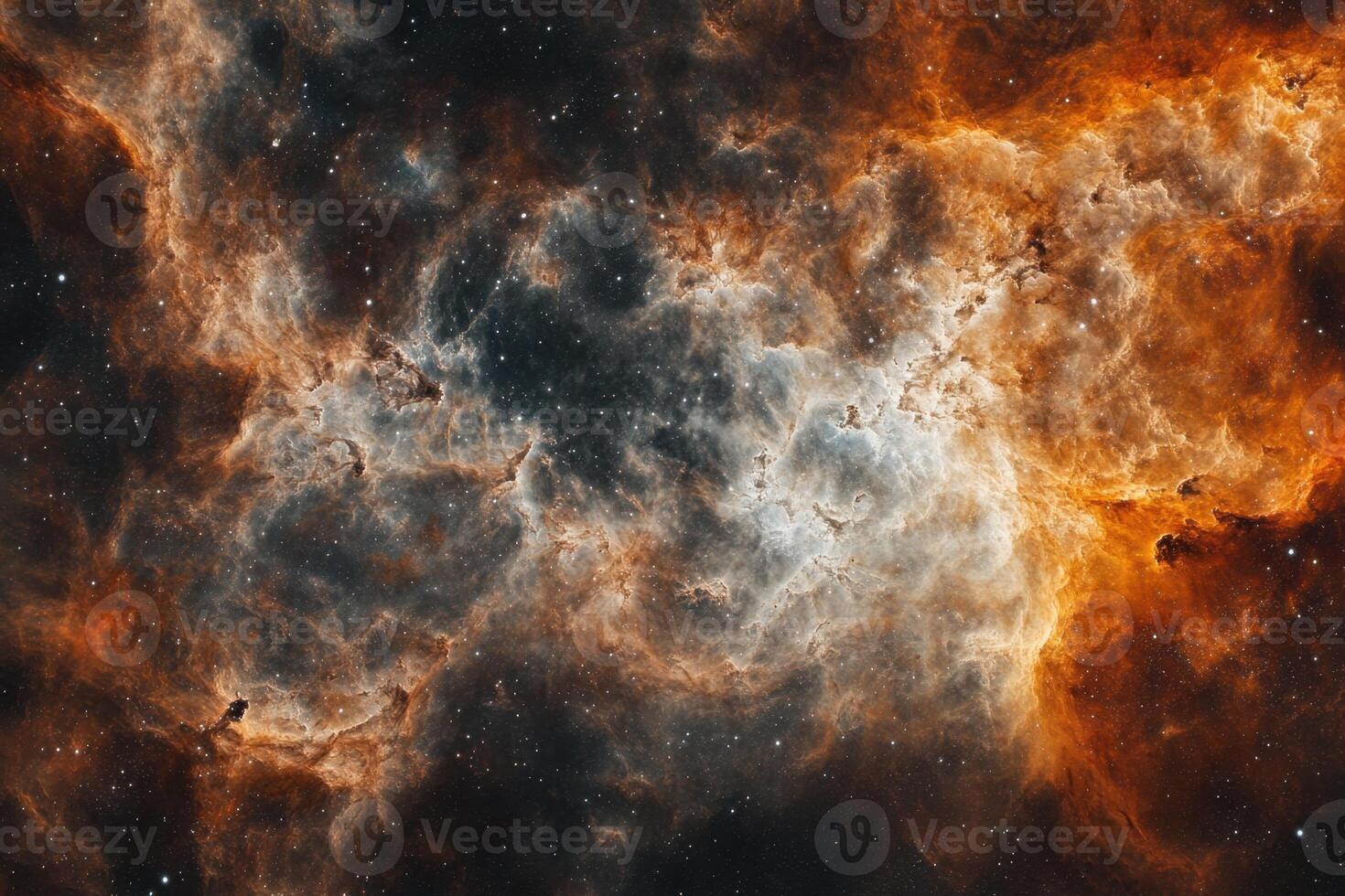 A vibrant nebula with swirling gas and dust clouds in space. photo