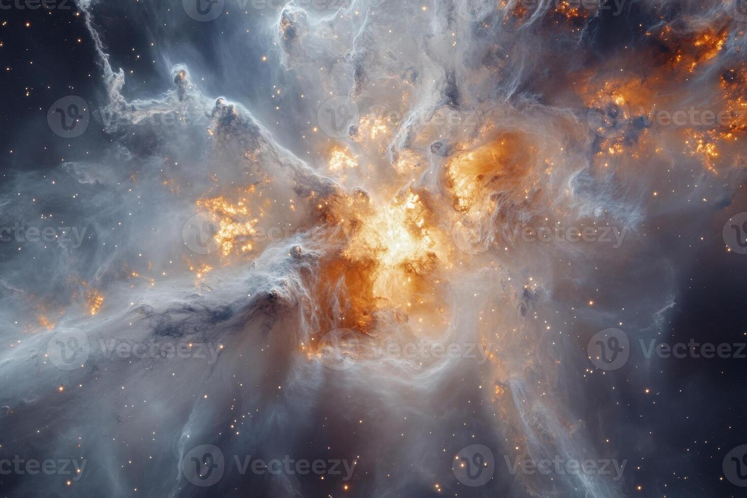 A vibrant nebula with swirling gas and dust, radiating a warm glow against a dark backdrop. photo