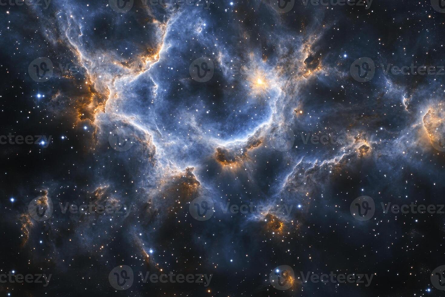 A vibrant nebula with swirls of blue and orange gas in the night sky, lit by distant stars. photo