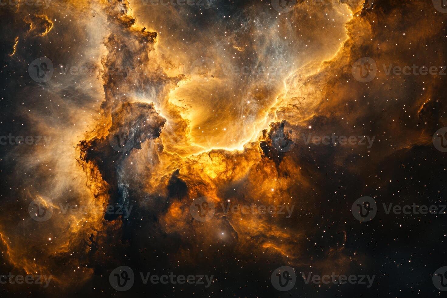A vibrant nebula with swirling orange and yellow gas clouds against a backdrop of twinkling stars. photo
