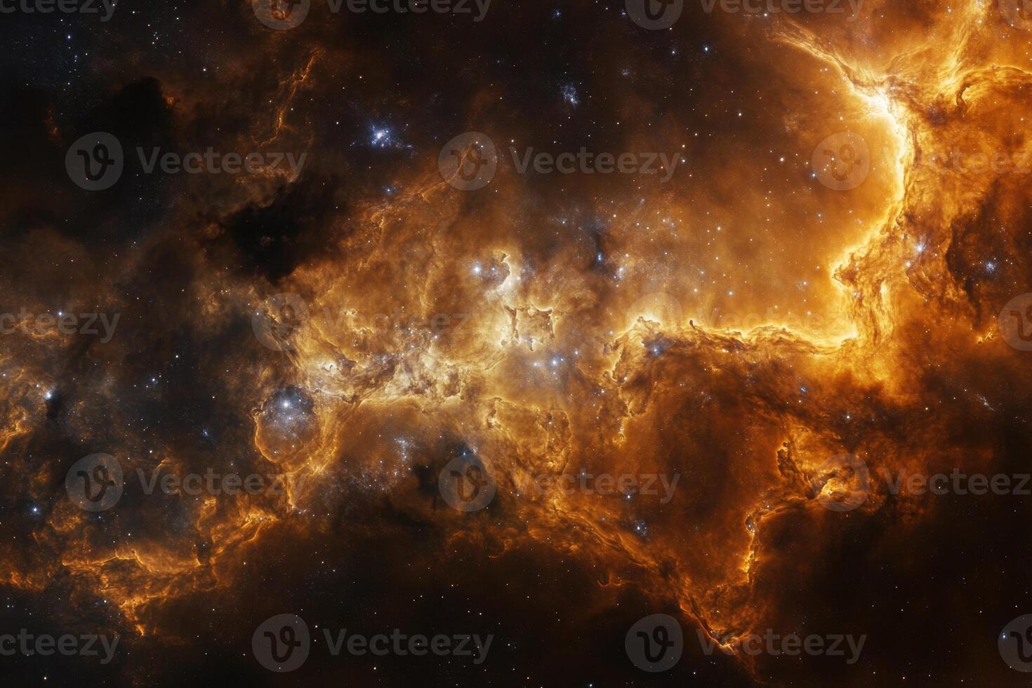 A vibrant nebula with swirling orange and yellow clouds against a dark background, sprinkled with stars. photo