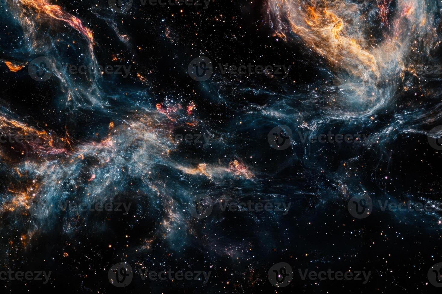 A vibrant nebula with swirls of orange, blue and white gas clouds against a dark starry background. photo