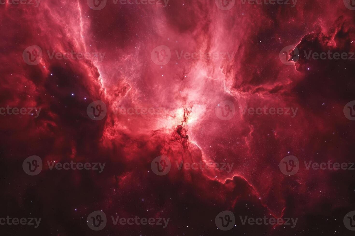 A vibrant nebula with swirling red clouds and twinkling stars. photo