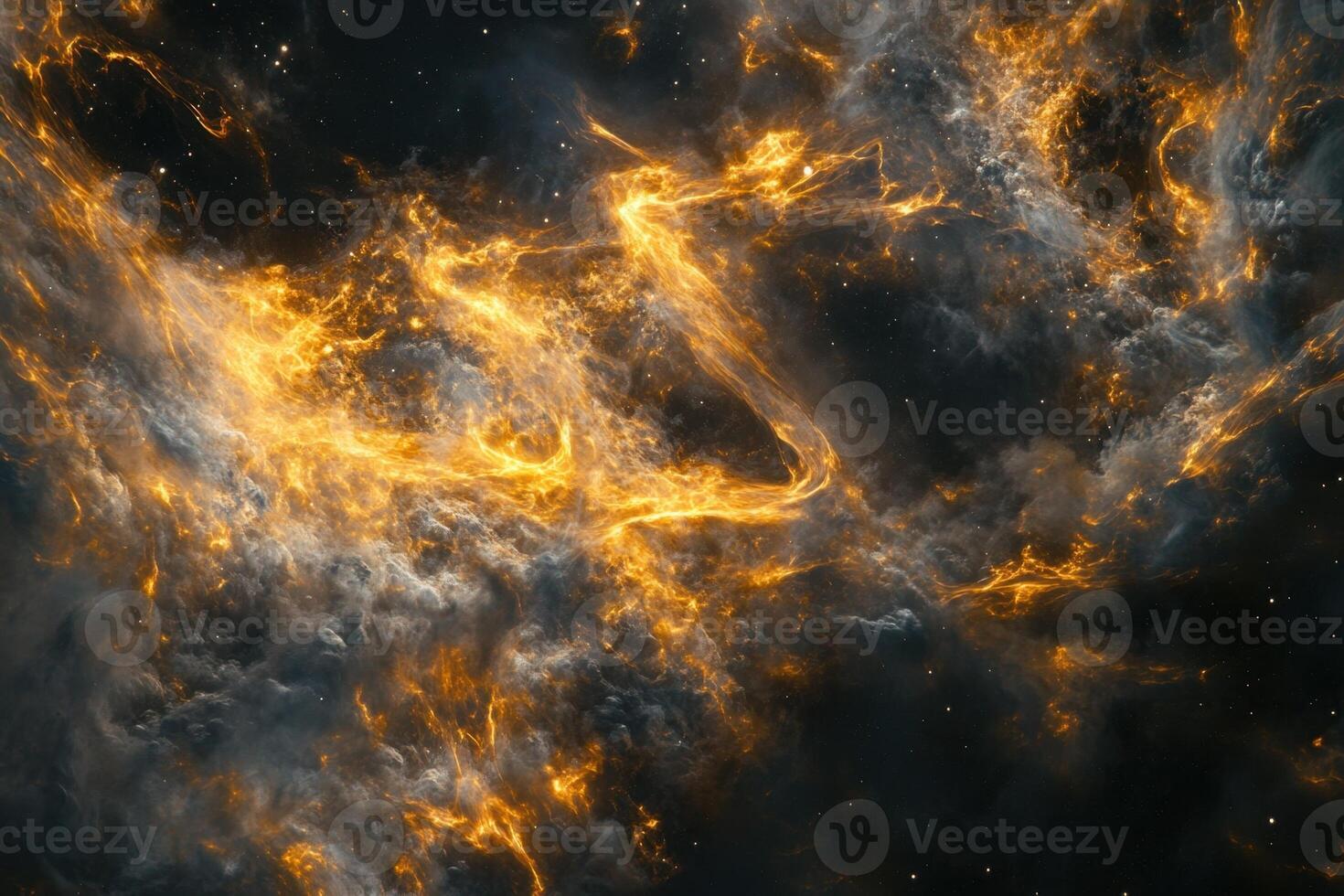 Abstract cosmic background with swirling golden and grey nebulae against a dark starry sky. photo