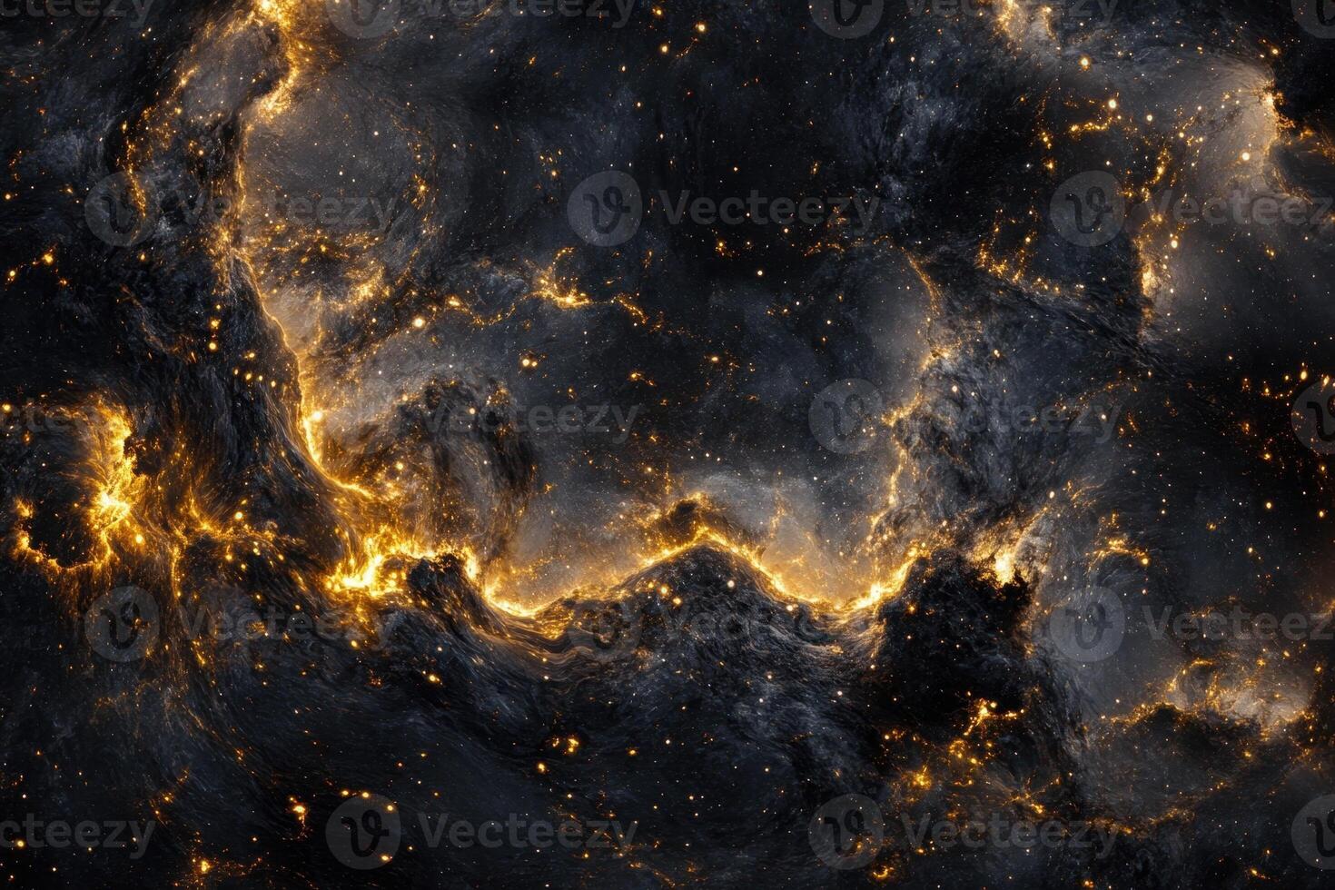 Abstract cosmic nebula with golden fire-like formations against a black background. photo