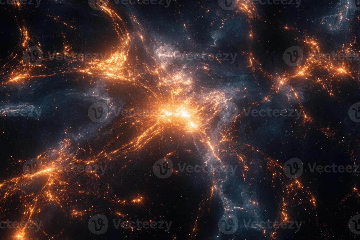 Abstract cosmic nebula with glowing orange and blue light. photo