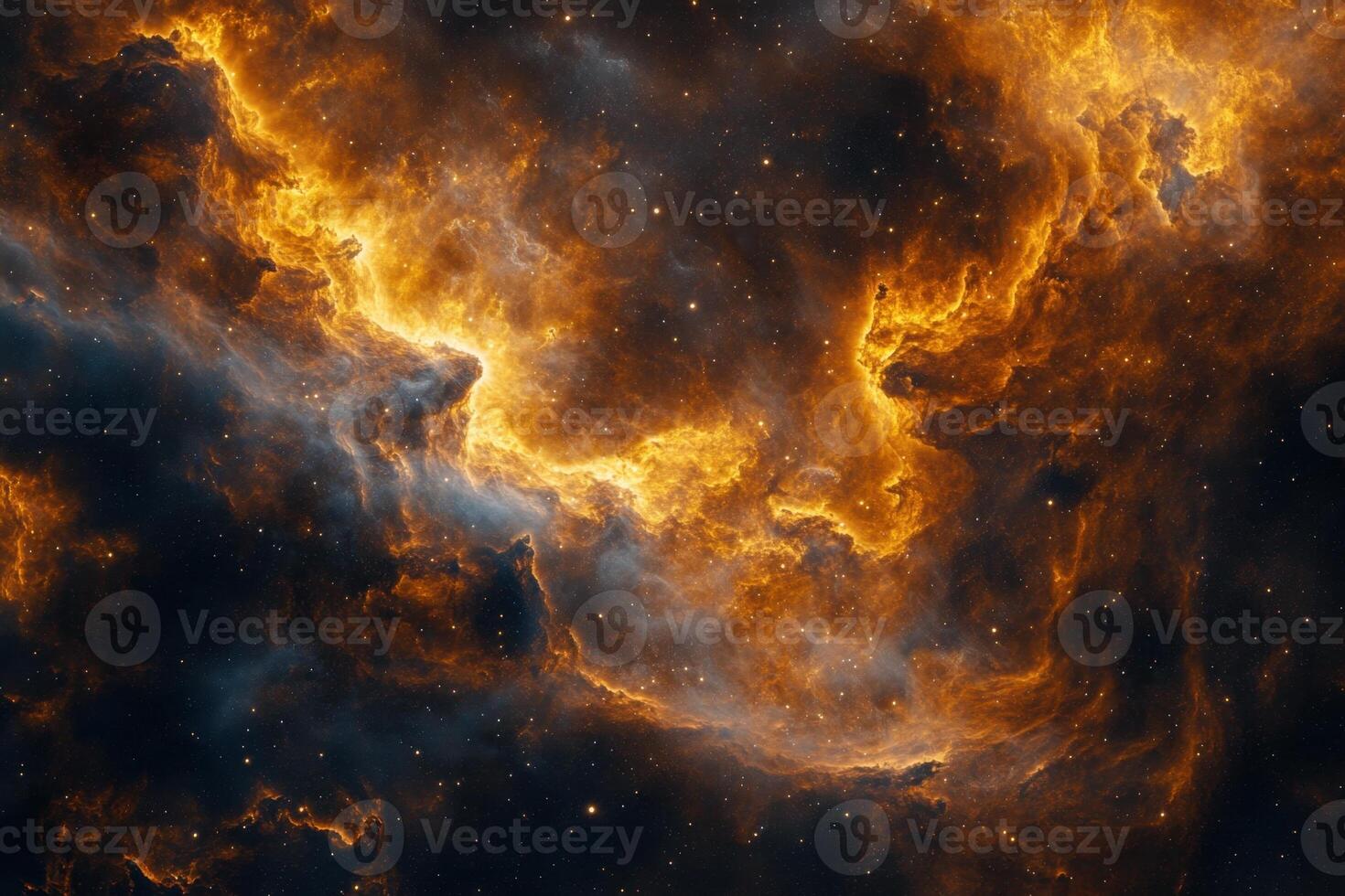 A swirling nebula with bright orange clouds against a dark starry background. photo