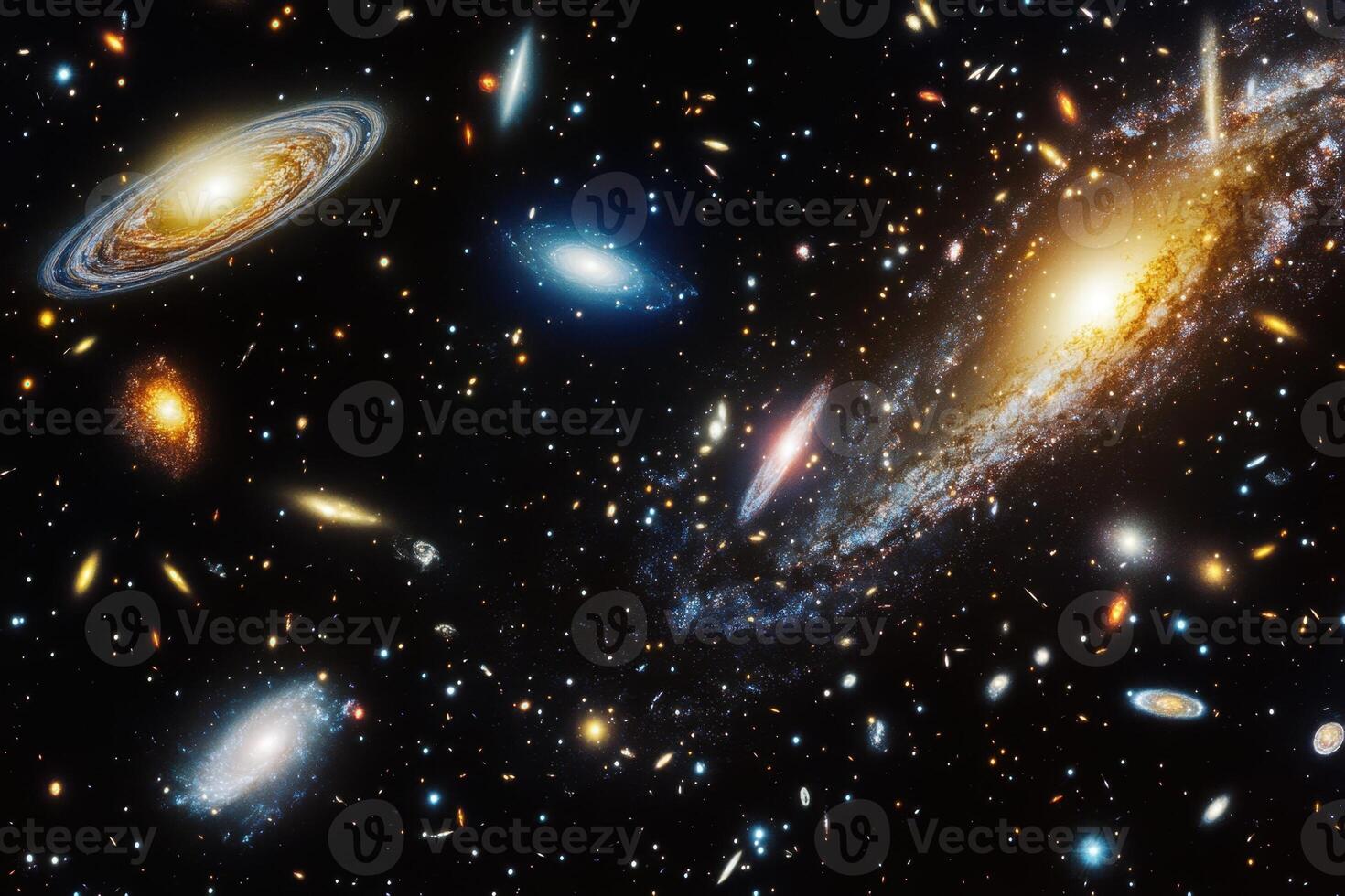 A vibrant and colorful image of multiple galaxies in a vast, dark space. photo