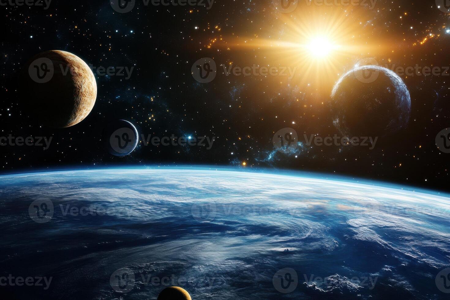 A vibrant blue planet with a bright sun and three other planets in the distance. photo