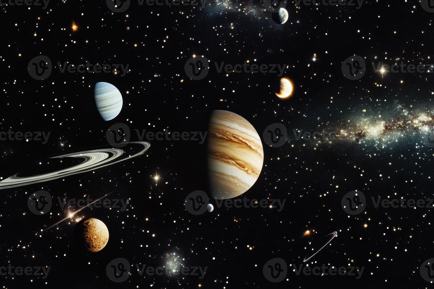 A vibrant and colorful depiction of planets, stars, and the Milky Way Galaxy. photo