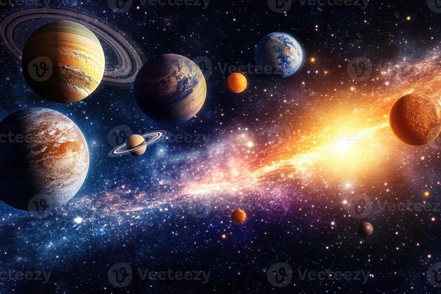 A vibrant, colorful illustration of the solar system with planets, a sun, and a galaxy. photo