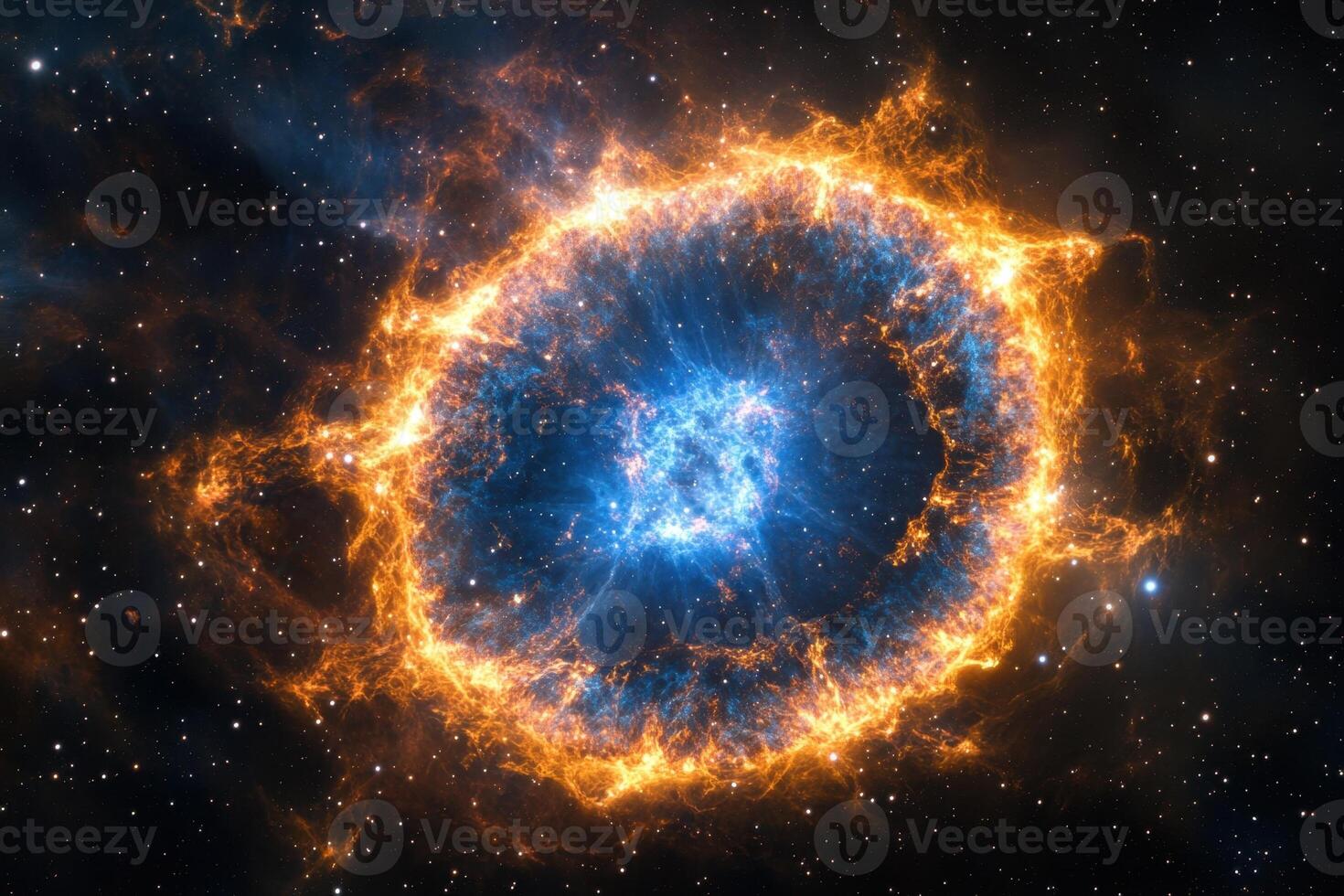 A vibrant, colorful nebula with a bright blue core surrounded by a fiery orange ring. photo