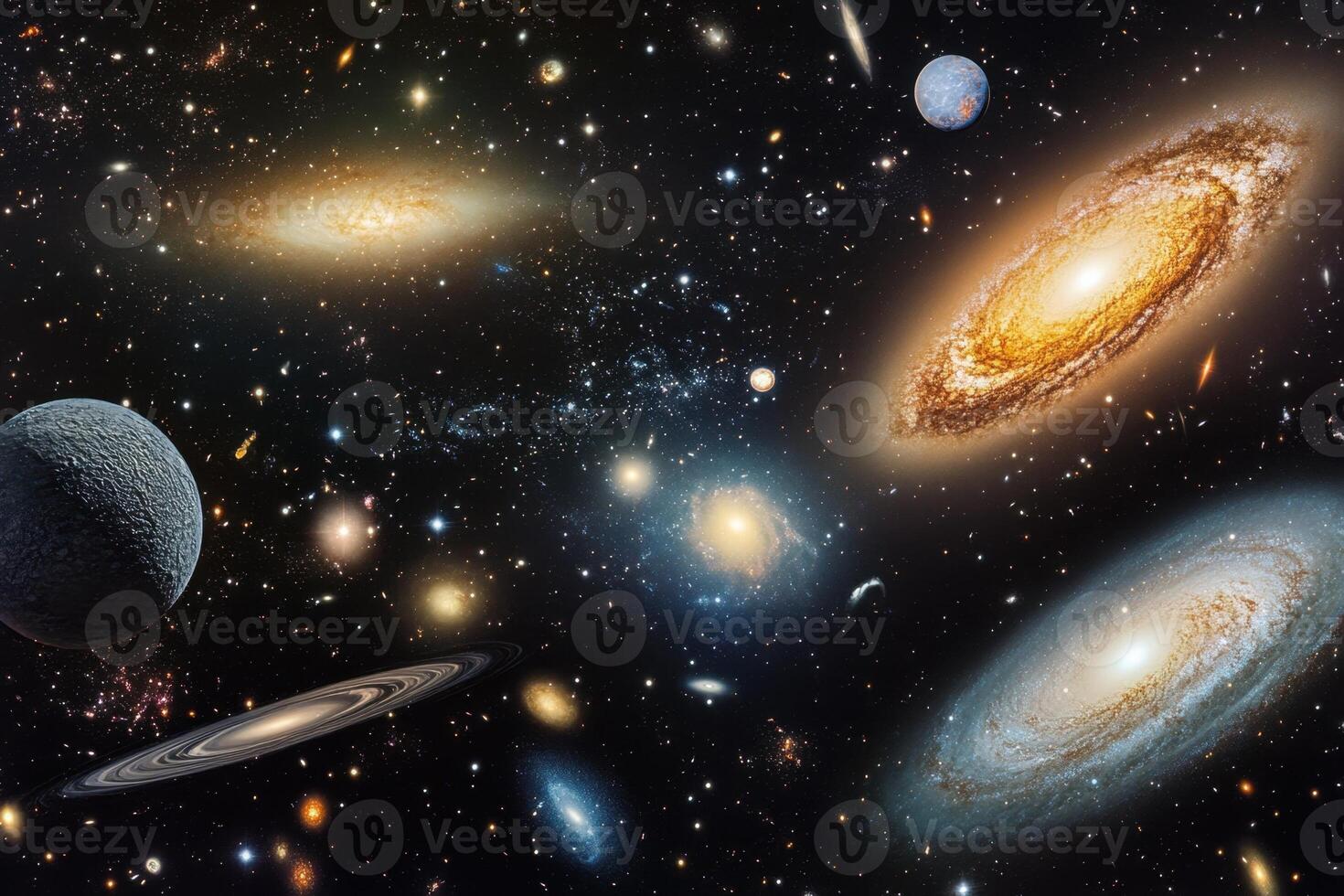 A vibrant cosmic scene with galaxies, stars and planets in a dark, swirling nebula. photo