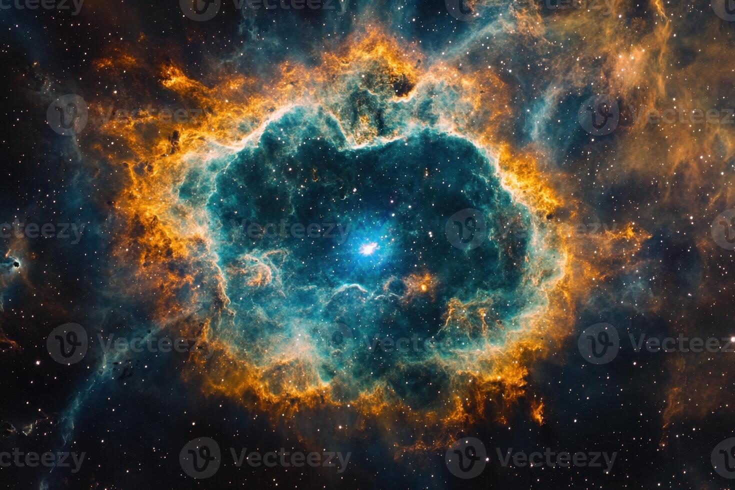 A vibrant nebula with a bright blue star at its center. photo