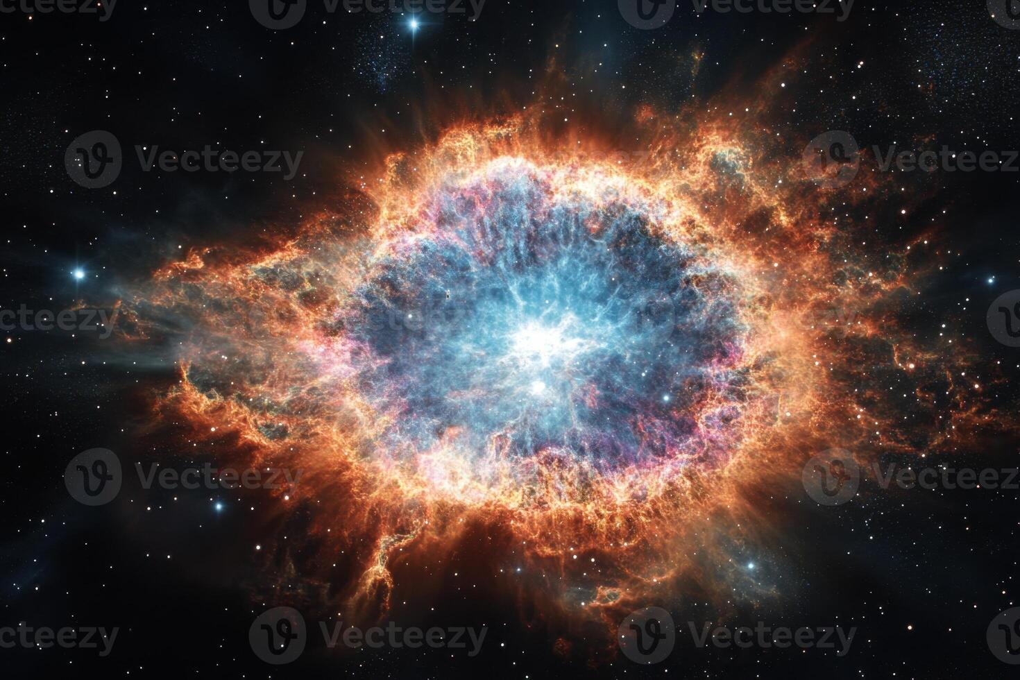 A vibrant nebula with a glowing core surrounded by swirling gases in a dark space. photo
