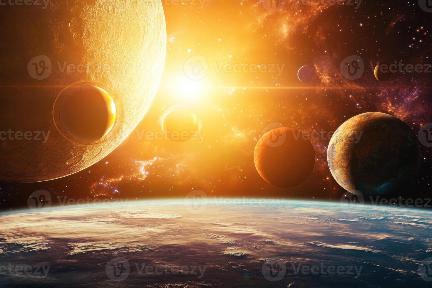 A vibrant star system with several planets. photo