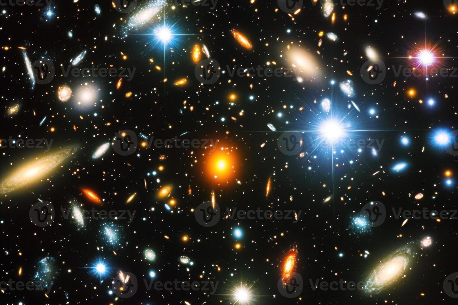 A vibrant, star-studded galaxy cluster with countless stars and galaxies scattered throughout. photo