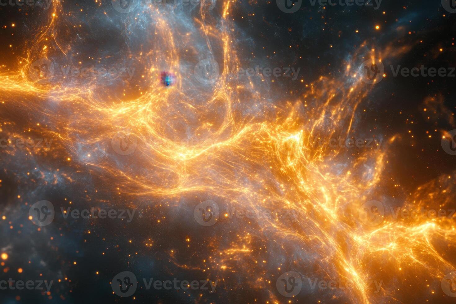 Abstract fiery cosmic nebula with glowing particles in dark space. photo