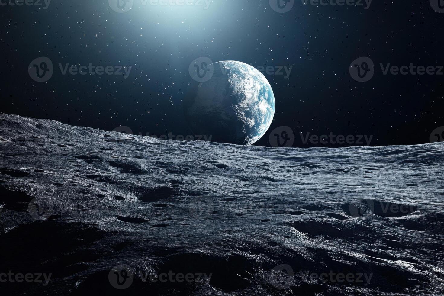 Earthrise over a desolate, cratered lunar landscape. photo