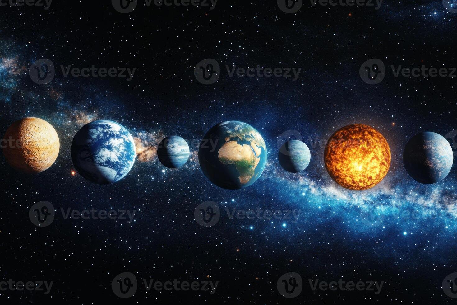 Planets in a line with the sun and the Milky Way in the background. photo