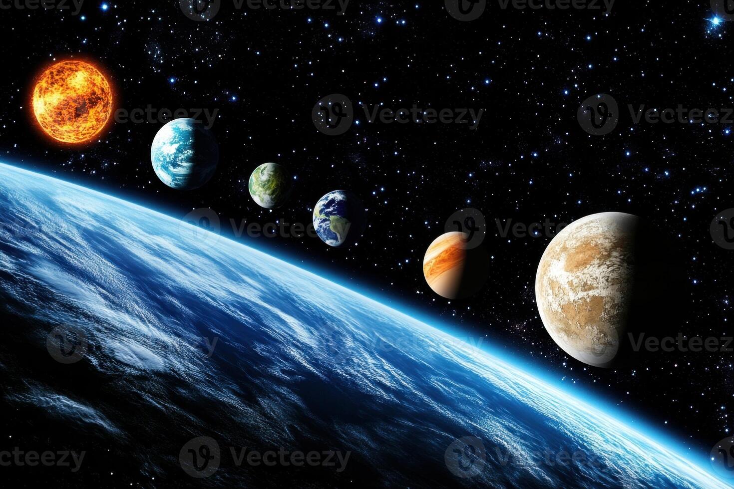 Planets in a solar system, with a burning star, seen from the surface of a blue planet. photo