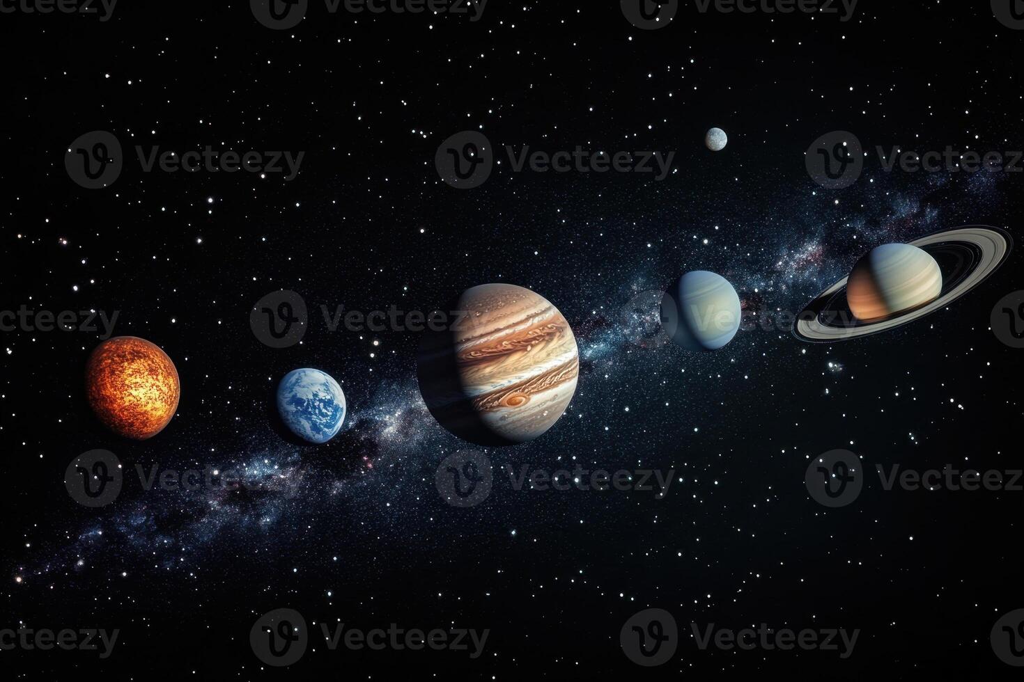 Planets aligned in space with the Milky Way galaxy in the background. photo