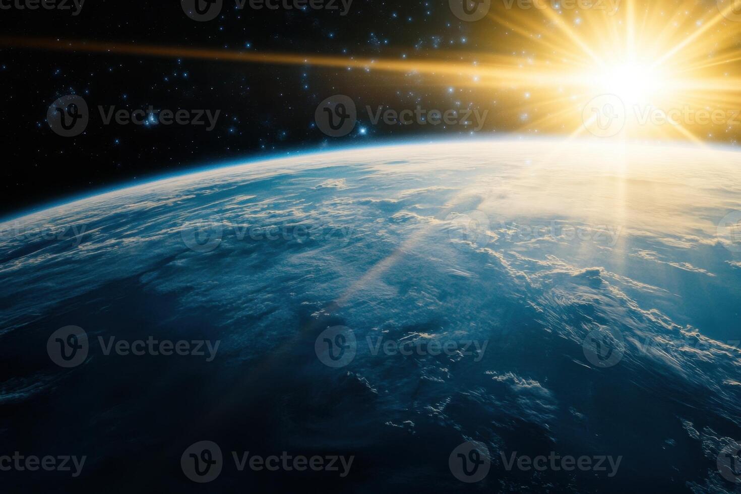Sunrise over Earth from space, showing the planet's blue oceans, white clouds, and the sun's rays breaking through the darkness. photo