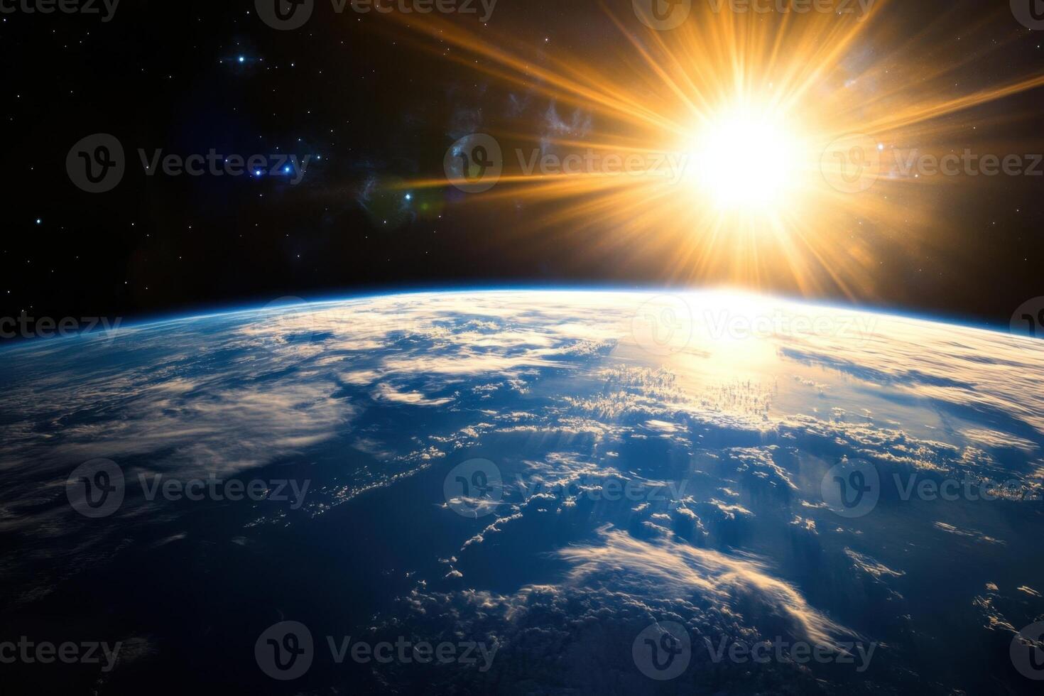 A sunrise over Earth as seen from space with the sun's rays shining through the atmosphere. photo