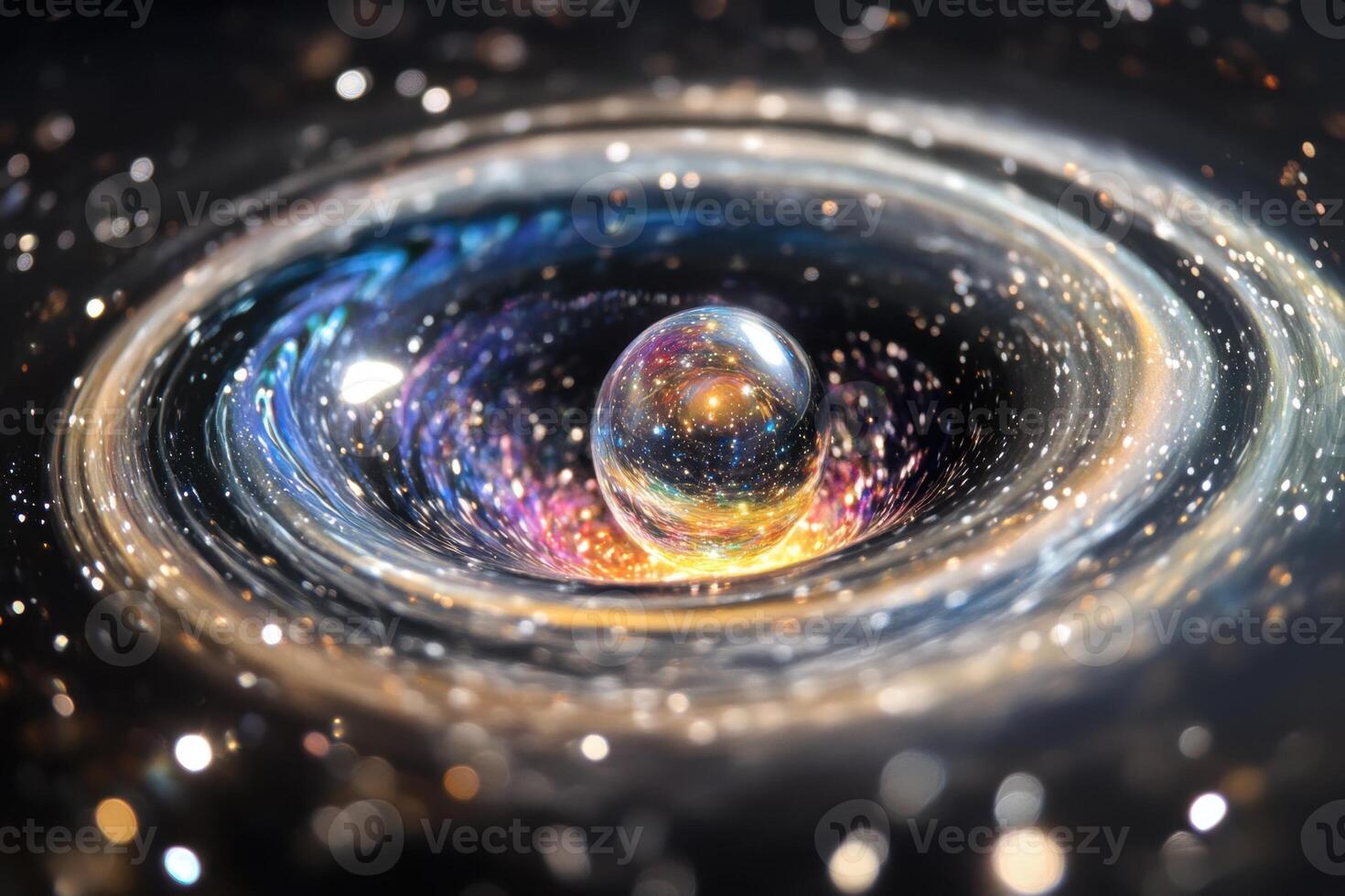A swirling galaxy encased in a transparent sphere, surrounded by a black void. photo