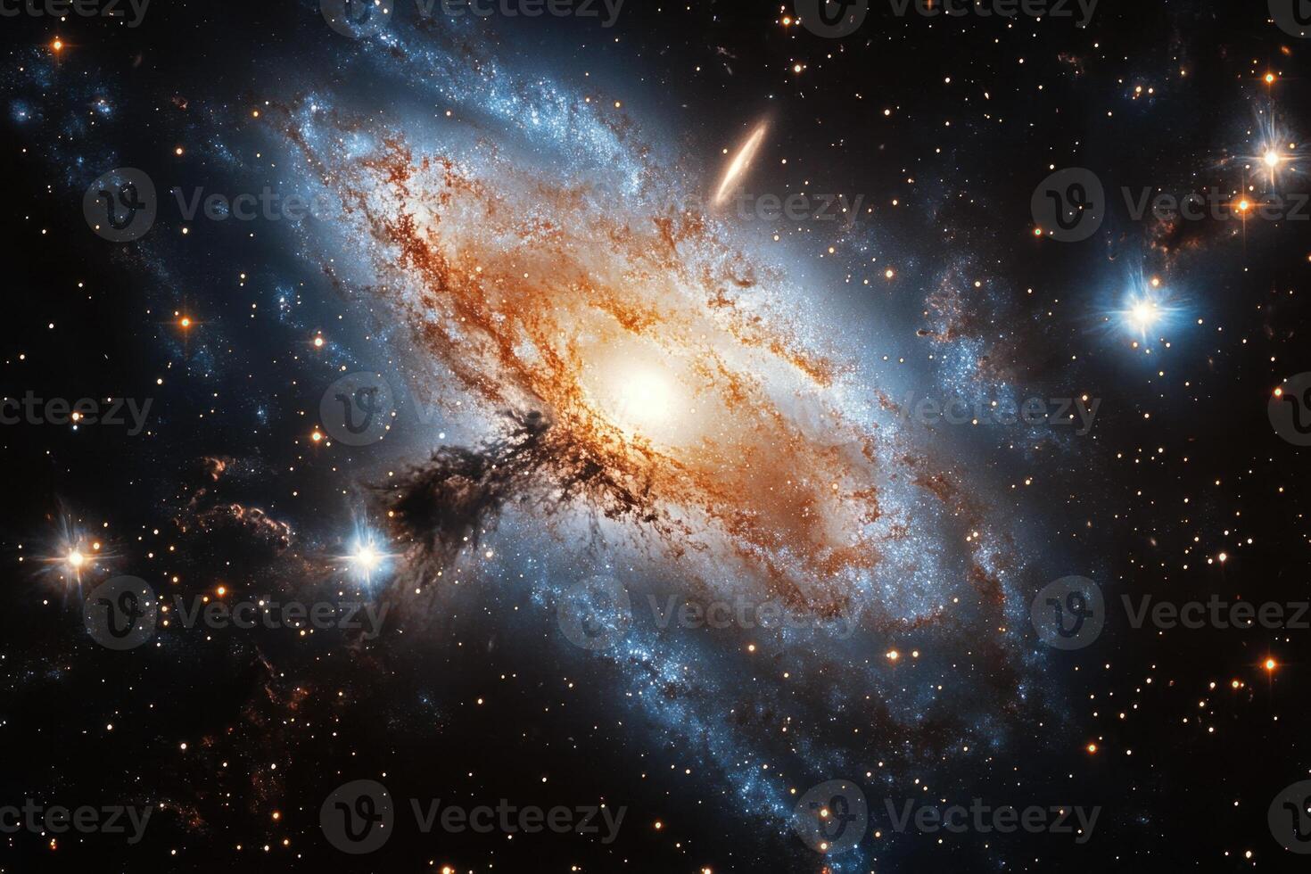 A vibrant spiral galaxy with a bright core and swirling arms, set against a backdrop of twinkling stars. photo