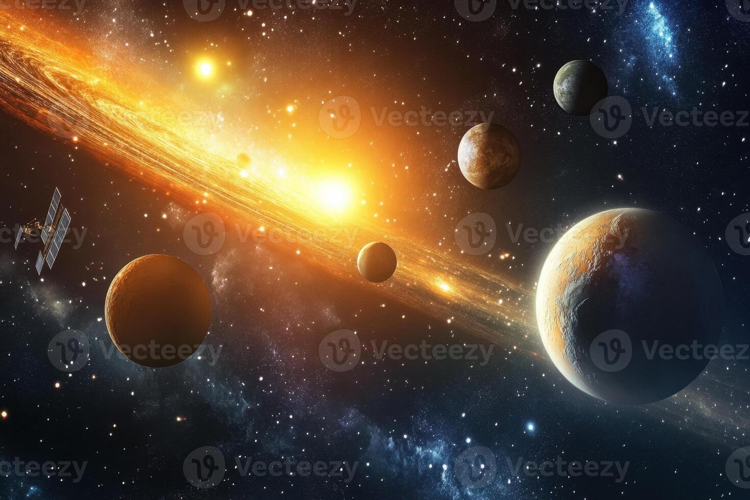 A vibrant star system with a ring of light and planets. photo