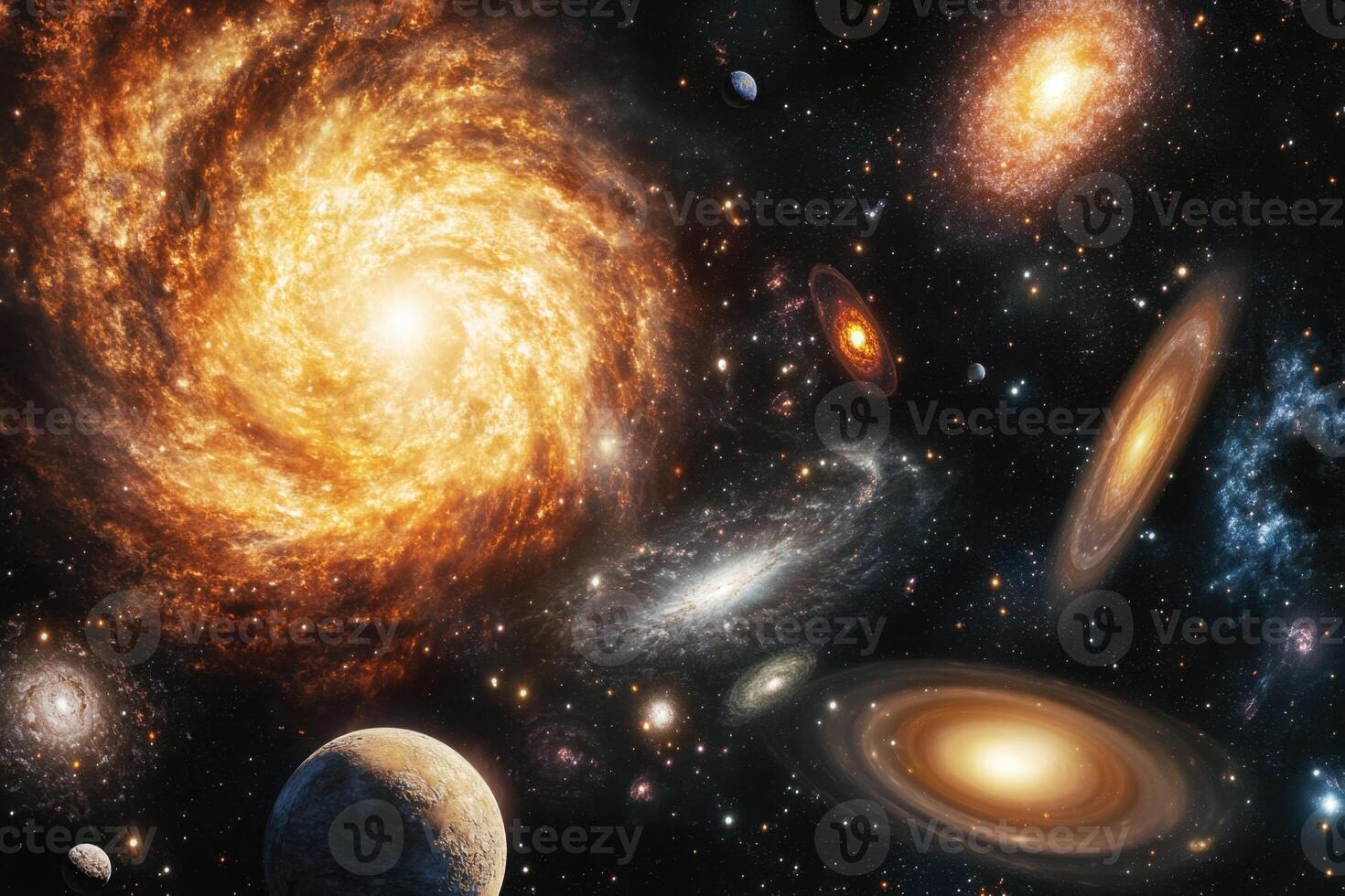 A vibrant, swirling galaxy dominates the cosmic landscape, surrounded by a tapestry of stars, planets, and other galaxies. photo